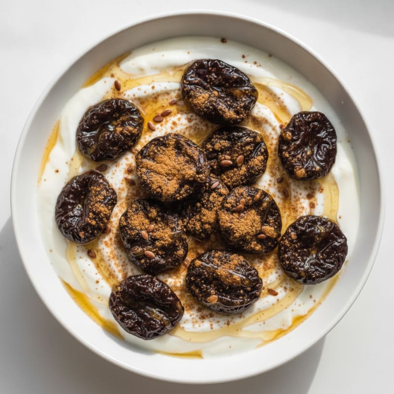 Yogurt Bowl with Honey Prunes and Flax