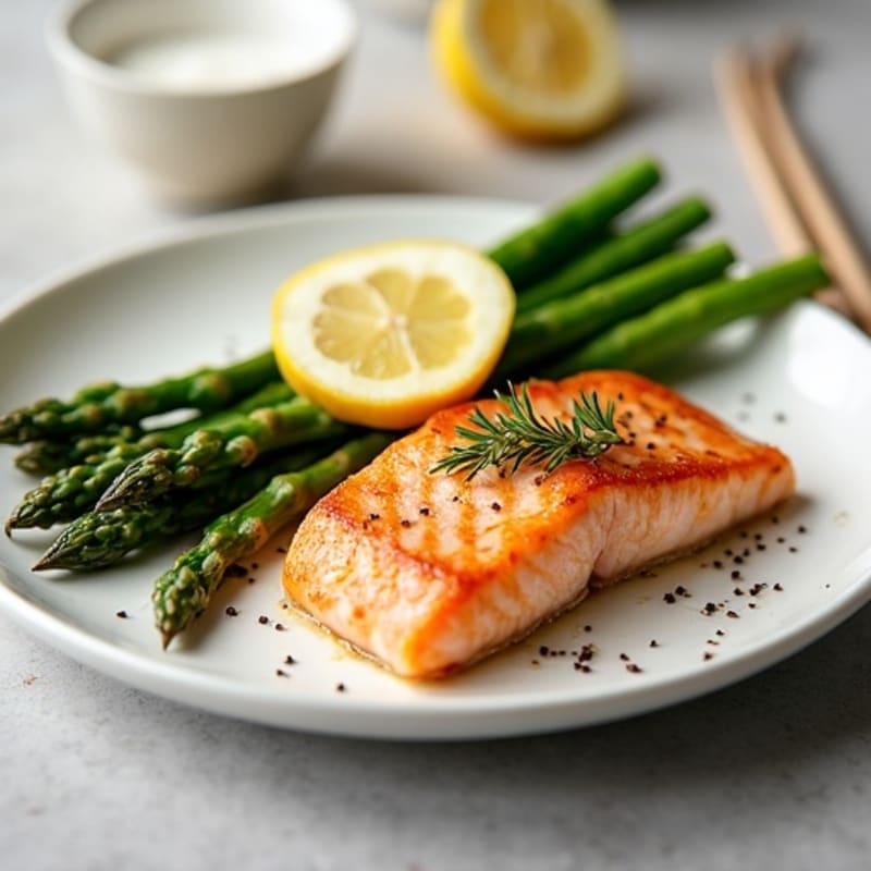 Seared Salmon with Steamed Asparagus and Lemon