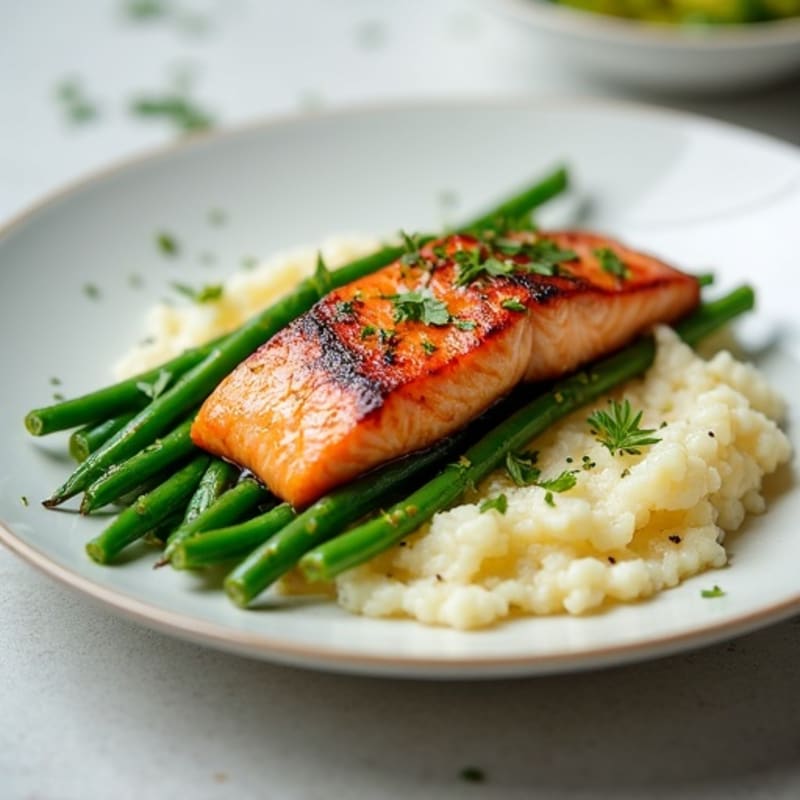 Seared Salmon with Steamed Green Beans and Cauliflower Mash