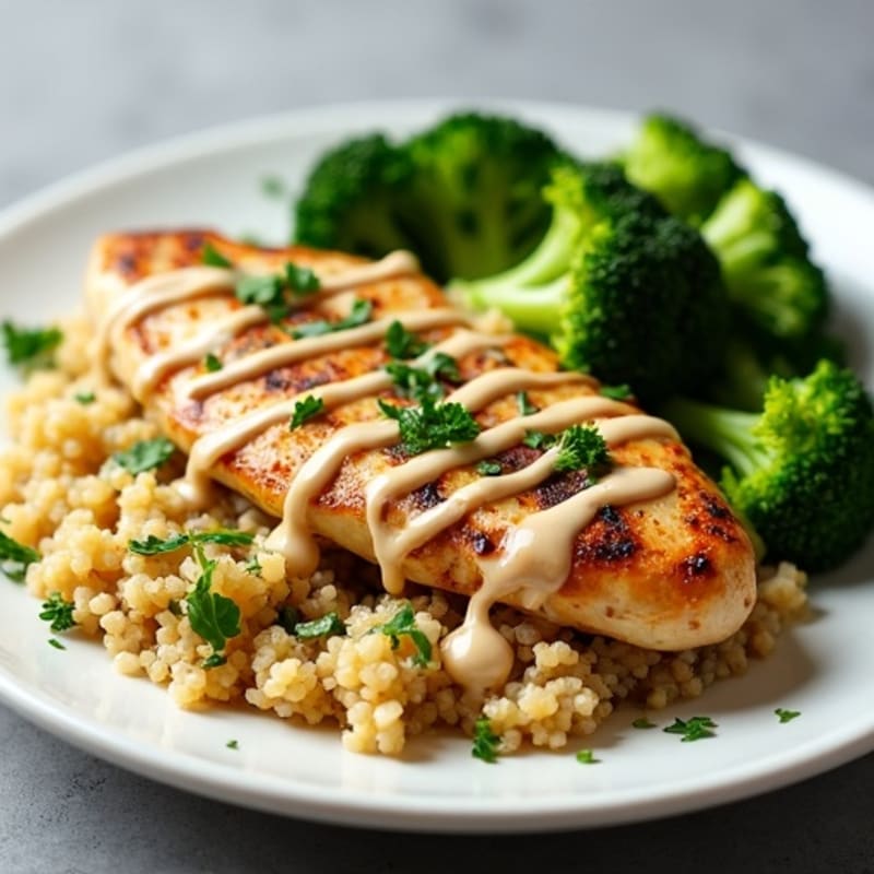 Grilled Chicken Breast with Quinoa, Steamed Broccoli and Lemon Tahini Drizzle