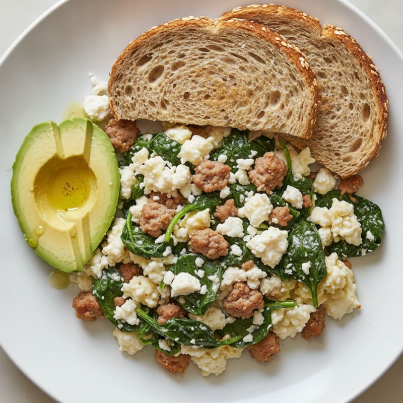 Egg White and Turkey Sausage Scramble with Spinach and Feta