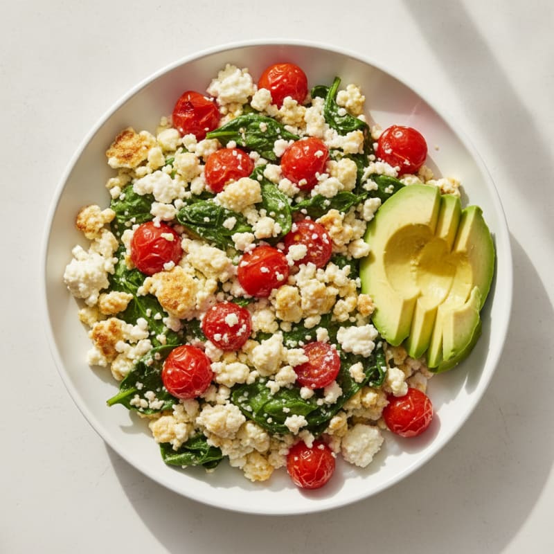 Egg White and Cottage Cheese Scramble with Spinach and Cherry Tomatoes