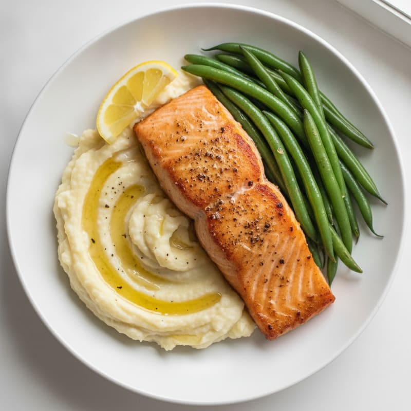 Seared Salmon with Steamed Green Beans and Garlic Mashed Cauliflower