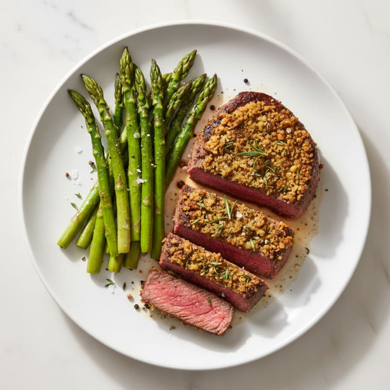 Garlic Herb-Crusted Beef Sirloin with Roasted Asparagus
