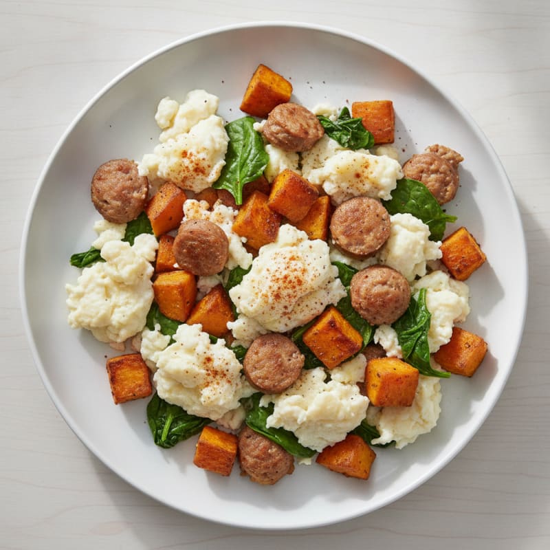 Egg White and Turkey Sausage Scramble with Roasted Sweet Potatoes
