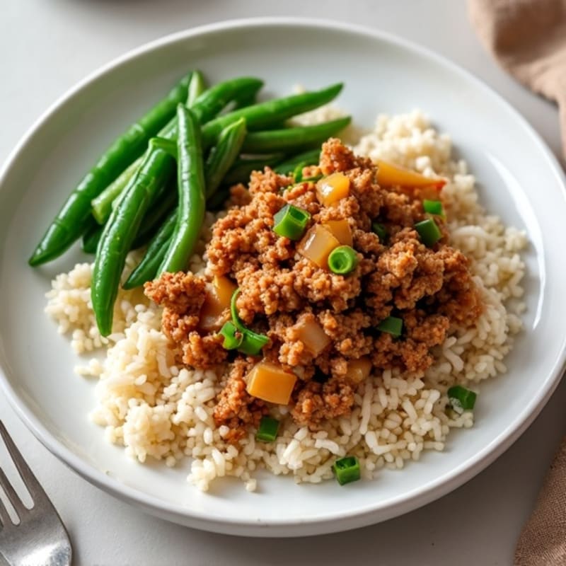 Savory Ground Turkey Skillet with Fluffy Jasmine Rice and Crispy Green Beans