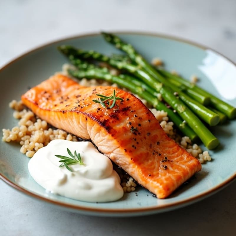 Seared Salmon with Steamed Asparagus and Brown Rice