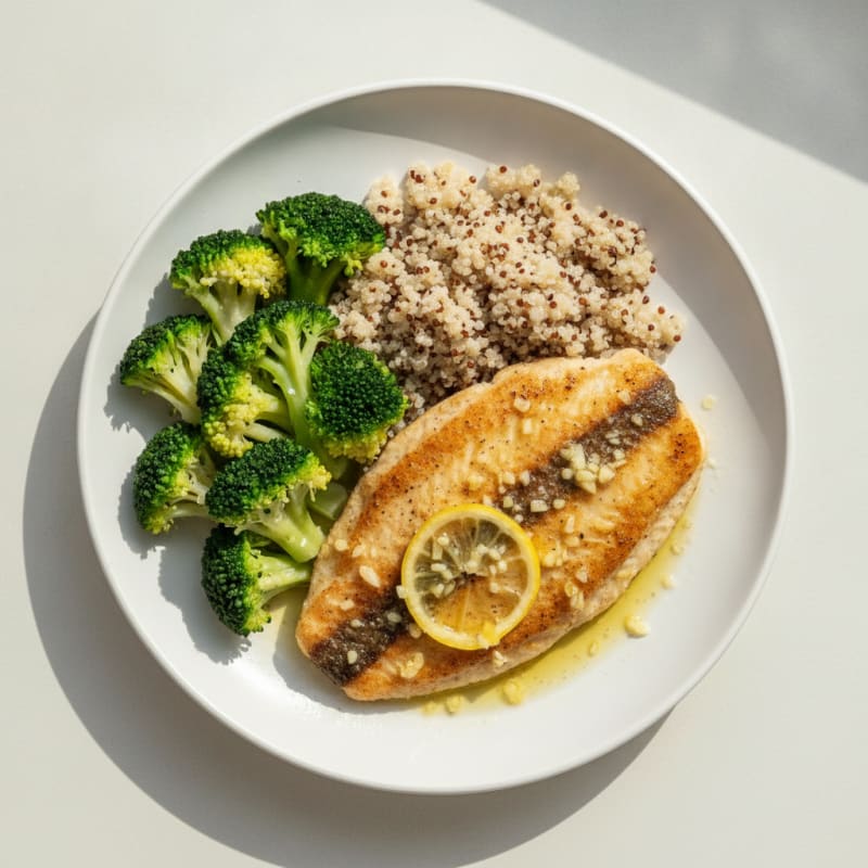 Seared Tilapia with Steamed Broccoli and Quinoa