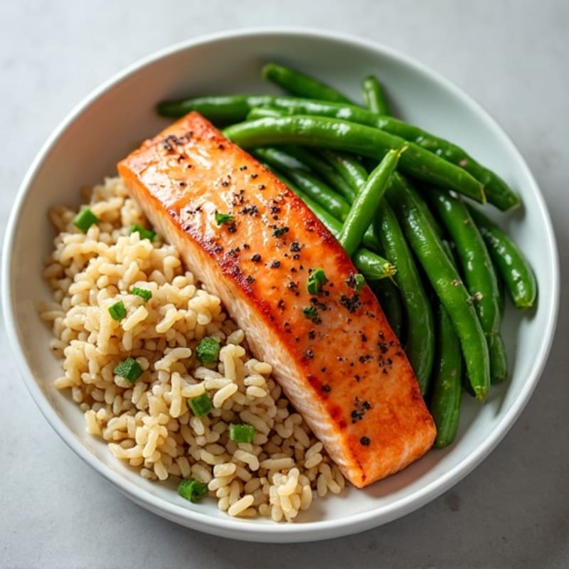 Seared Salmon Fillet with Garlic Green Beans and Brown Rice