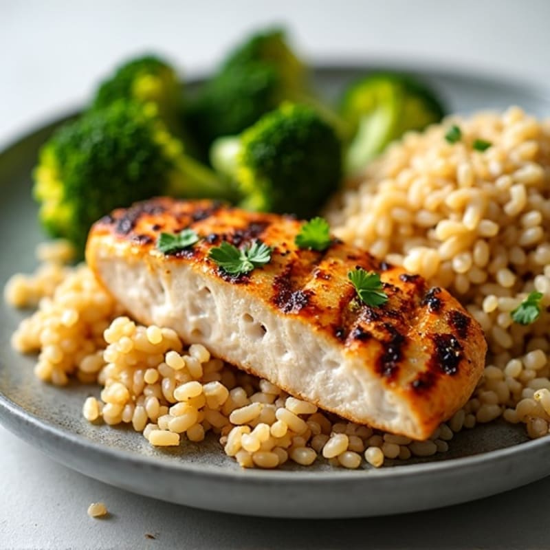 Grilled Lemon Garlic Chicken with Brown Rice and Roasted Broccoli
