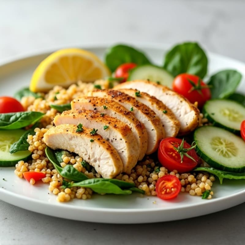 Grilled Chicken and Quinoa Salad with Cucumber and Tomato