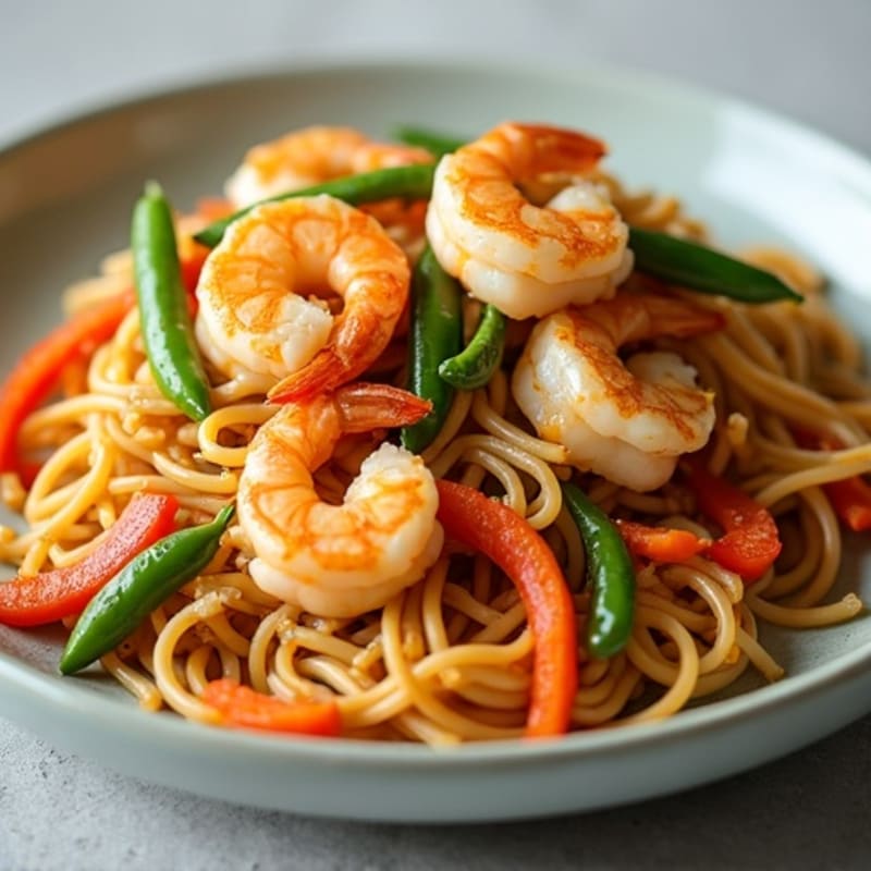 Pan-Seared Shrimp with Tangy Peanut Rice Noodles and Crunchy Vegetables