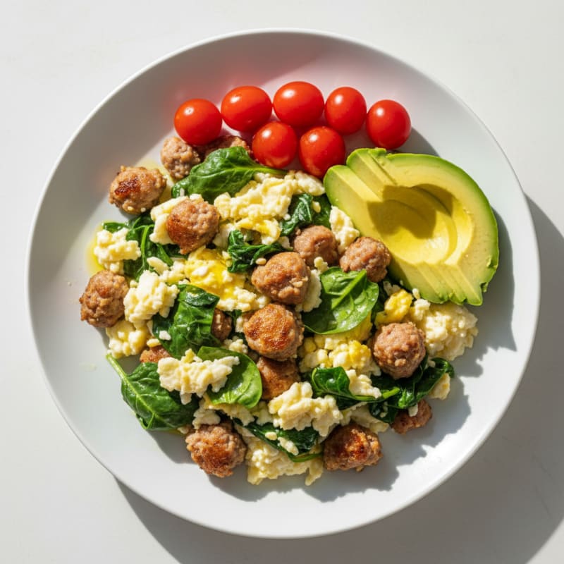 Crispy Turkey Sausage and Egg White Scramble with Spinach