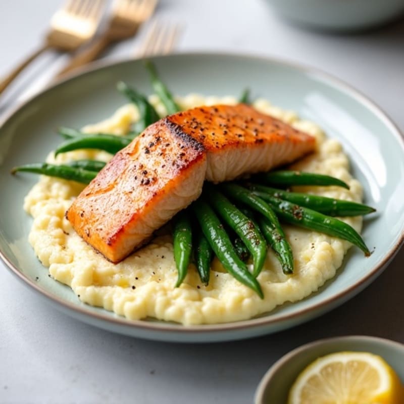 Seared Salmon Fillet with Garlic Green Beans and Cauliflower Mash