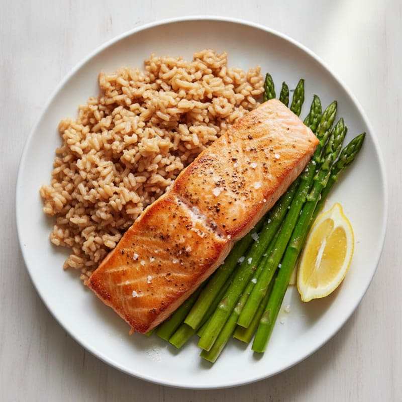 Seared Salmon Fillet with Steamed Asparagus and Brown Rice