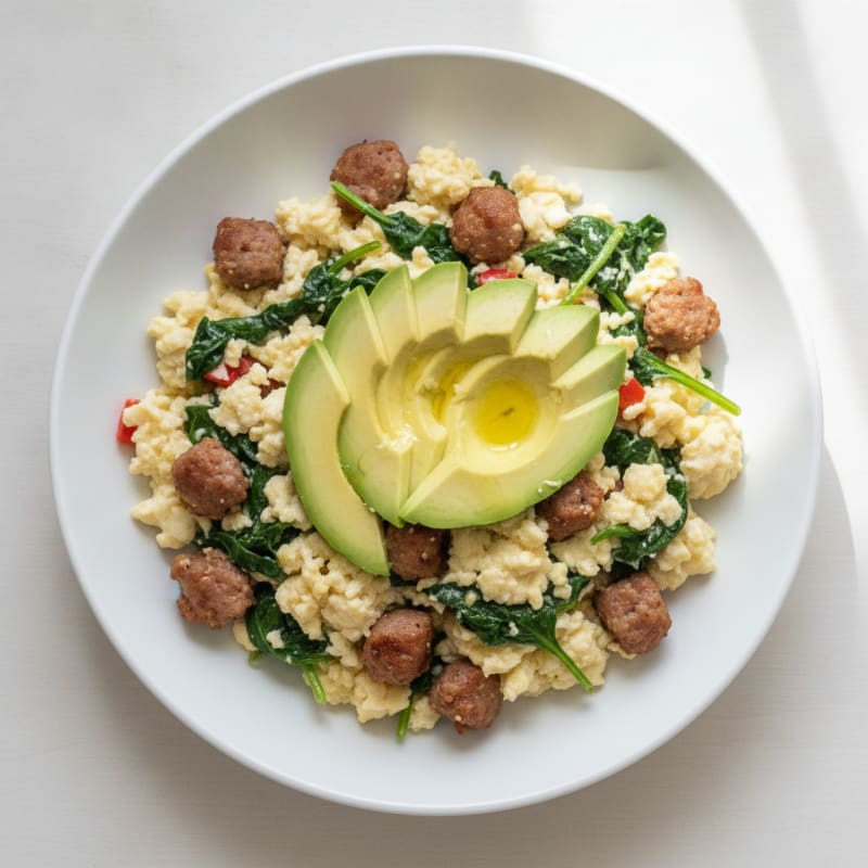 Egg White and Turkey Sausage Scramble with Sautéed Spinach