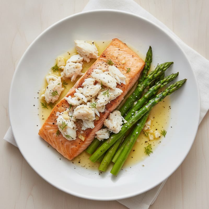 Pan-Seared Salmon with Crab and Asparagus