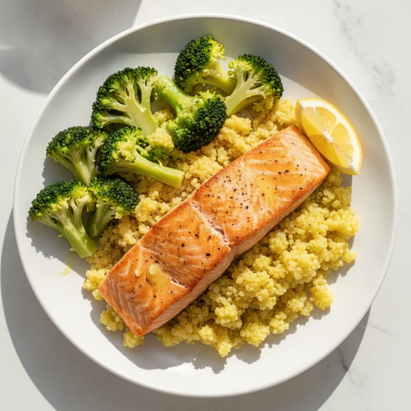 Seared Salmon Fillet with Steamed Broccoli and Lemon Quinoa