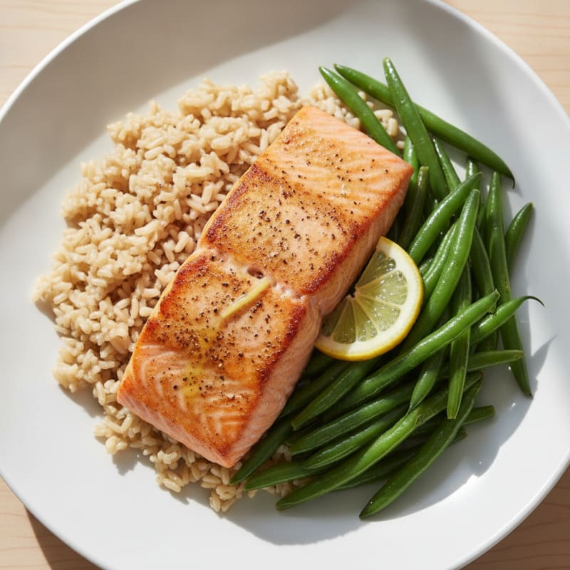 Seared Salmon with Steamed Green Beans and Brown Rice