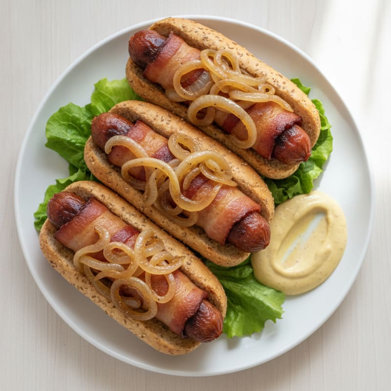 Bacon-Wrapped Hot Dogs with Caramelized Onions