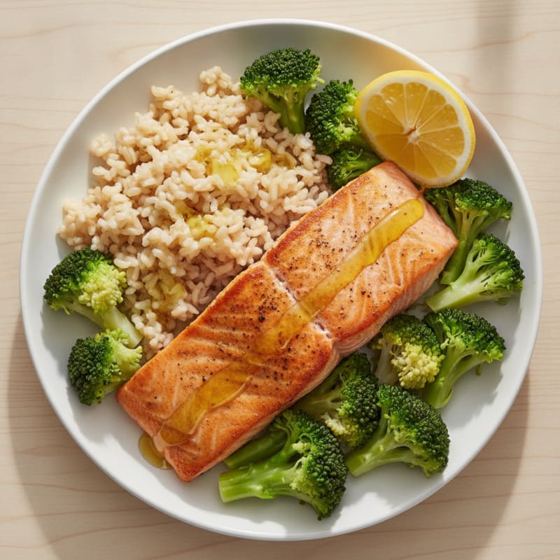Seared Salmon with Steamed Broccoli and Brown Rice