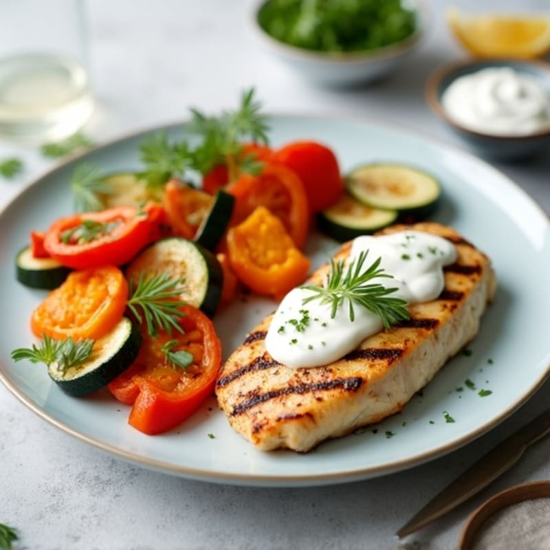 Grilled Chicken Breast with Roasted Vegetables and Plain Yogurt Sauce