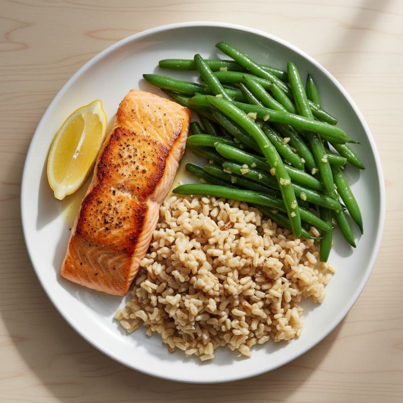 Seared Salmon with Garlic Green Beans and Brown Rice