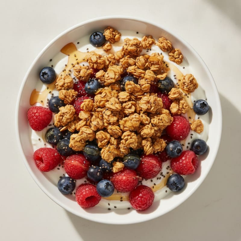Greek Yogurt Parfait with Crunchy Almond Granola and Mixed Berries