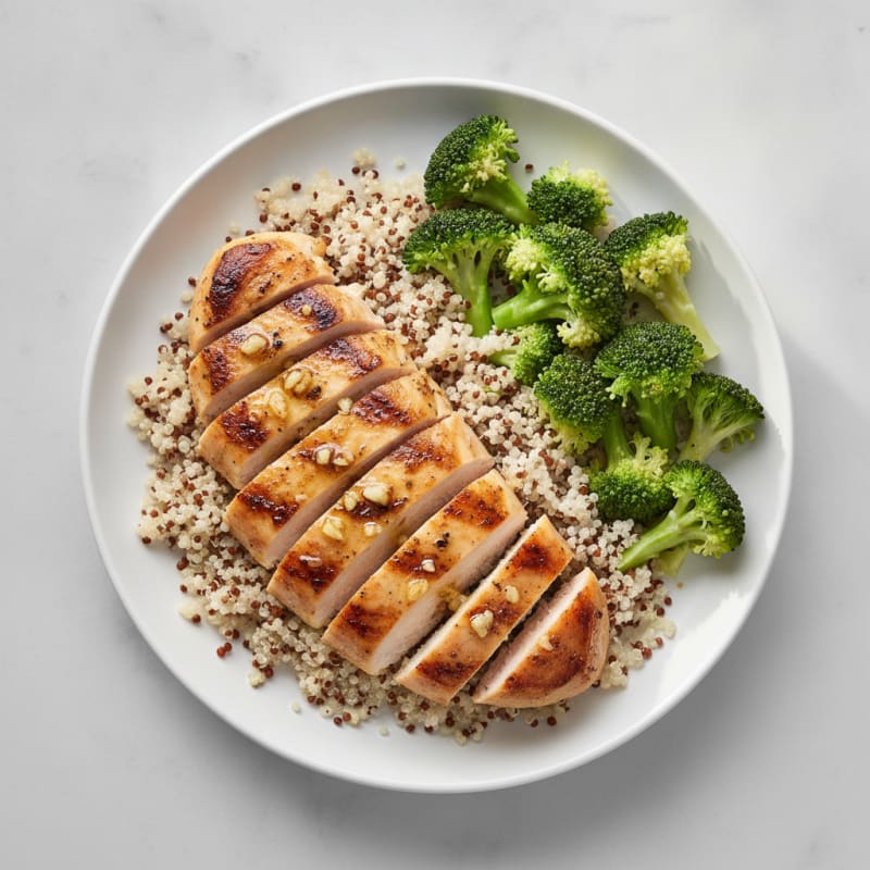 Grilled Lemon-Garlic Chicken Breast with Quinoa and Steamed Broccoli