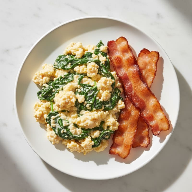 Creamy Cottage Cheese Scramble with Spinach and Turkey Bacon