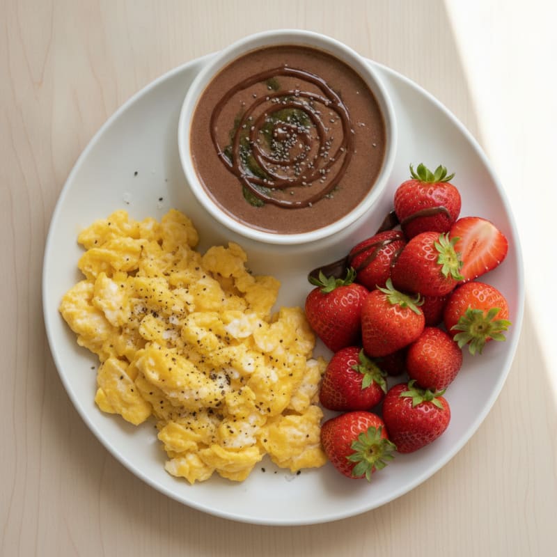 Protein-Packed Scrambled Eggs with Fruit and Chocolate Smoothie