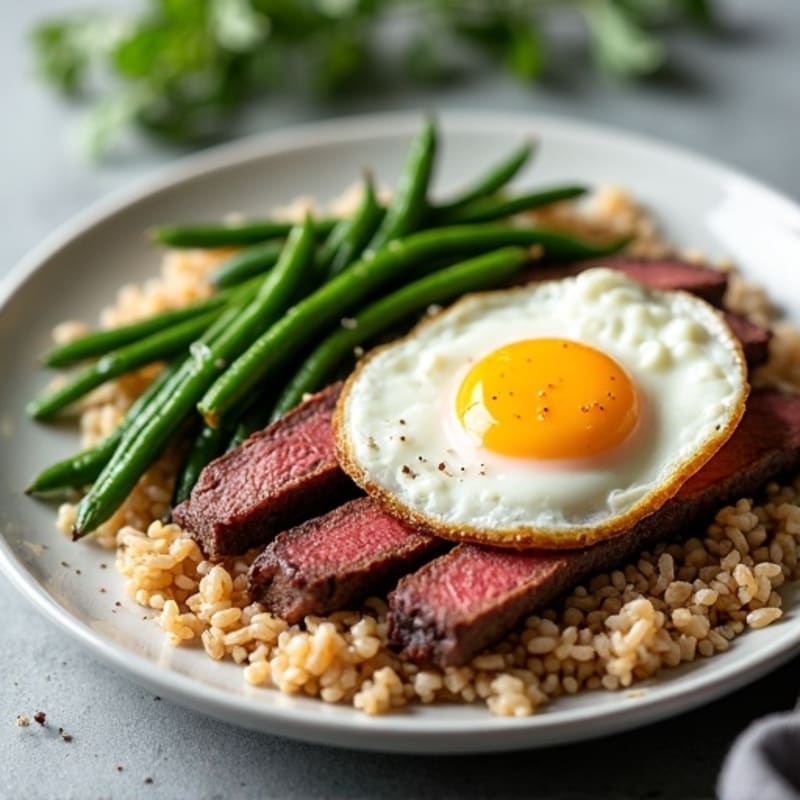 Seared Beef Strips with Garlic Green Beans and Brown Rice with a Fried Egg