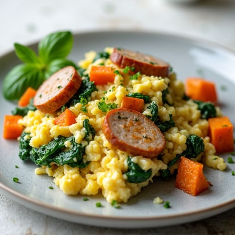 Egg White and Turkey Sausage Scramble with Spinach and Roasted Sweet Potatoes