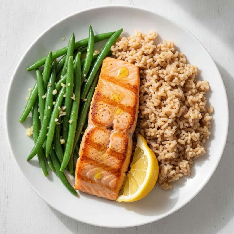 Seared Salmon with Garlic Green Beans and Brown Rice