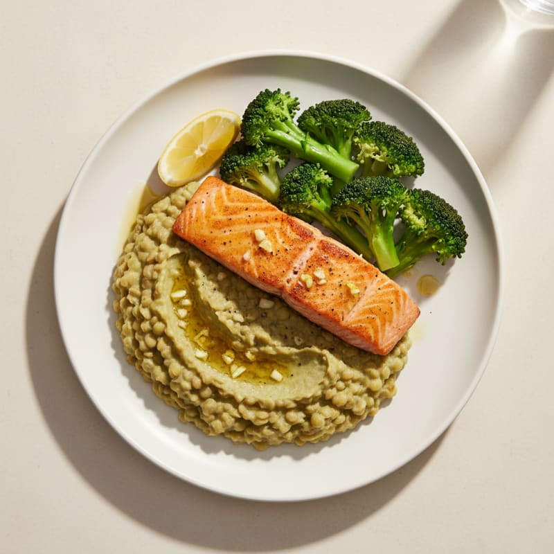 Seared Salmon with Garlic Lentil Mash and Steamed Broccoli