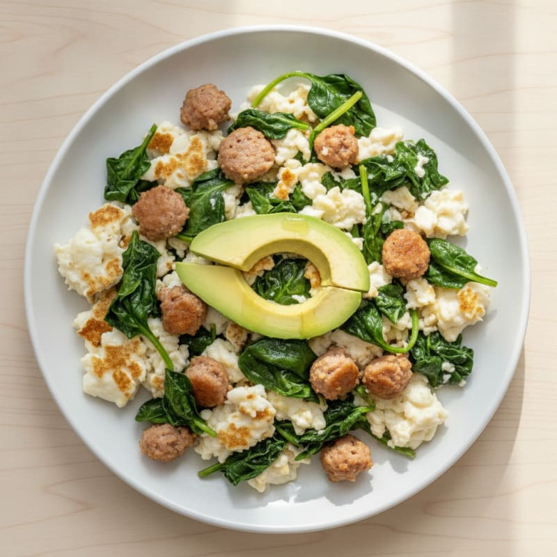 Egg White and Turkey Sausage Scramble with Sautéed Spinach