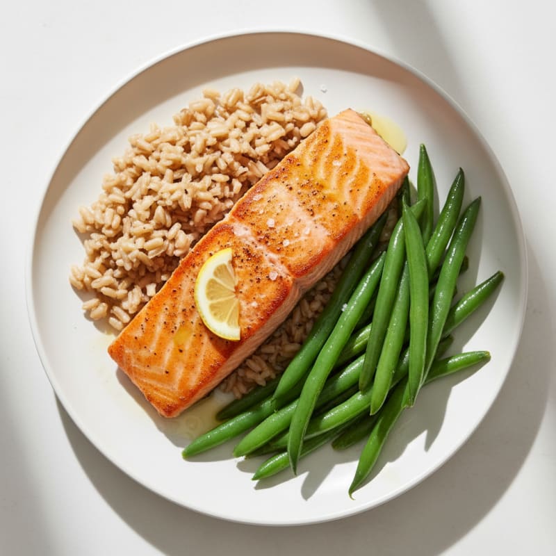 Seared Salmon with Steamed Green Beans and Brown Rice