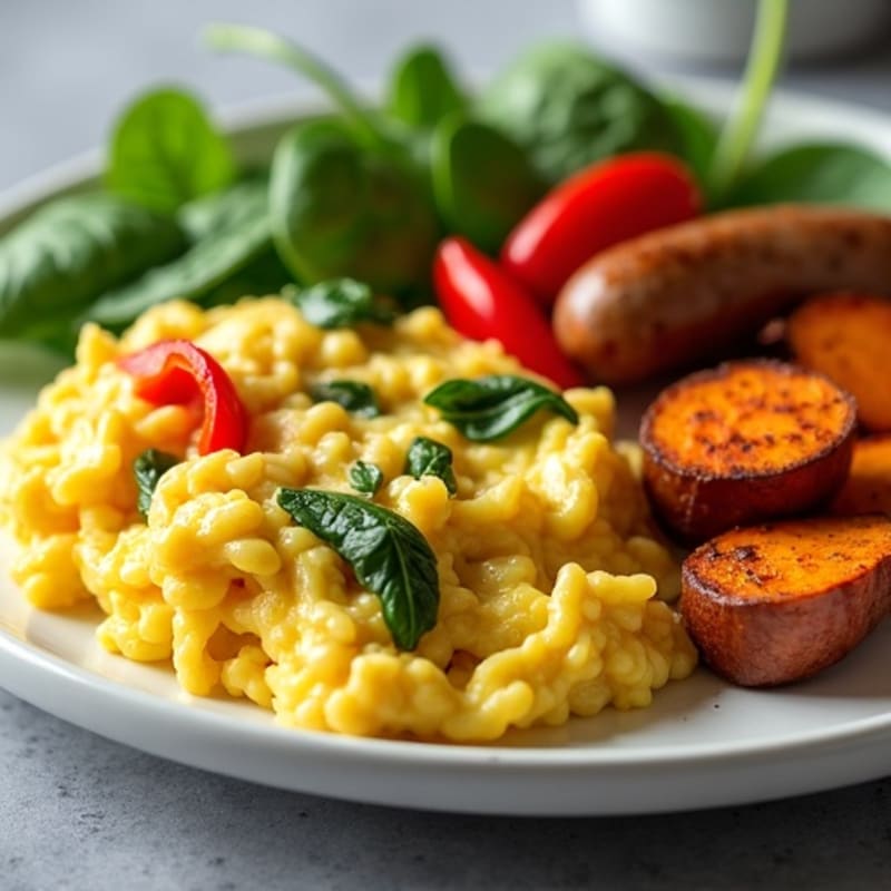 Scrambled Eggs with Chicken Sausage and Roasted Sweet Potatoes