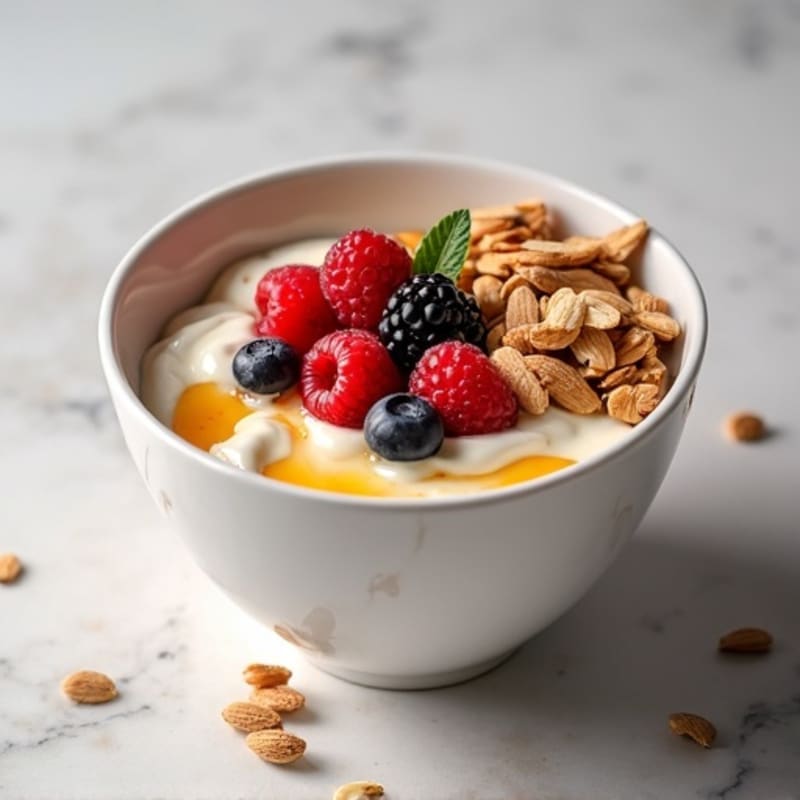 Vanilla Protein Yogurt with Shredded Chicken and Berries