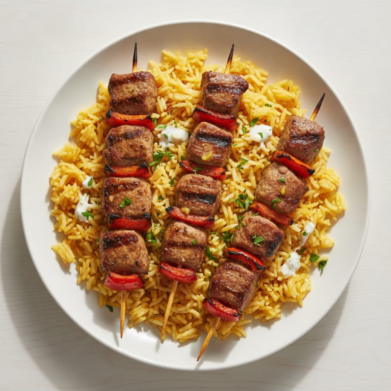 Grilled Lamb Kabobs with Saffron Rice