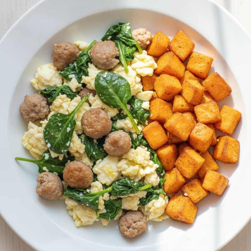 Egg White and Turkey Sausage Scramble with Spinach and Roasted Sweet Potato