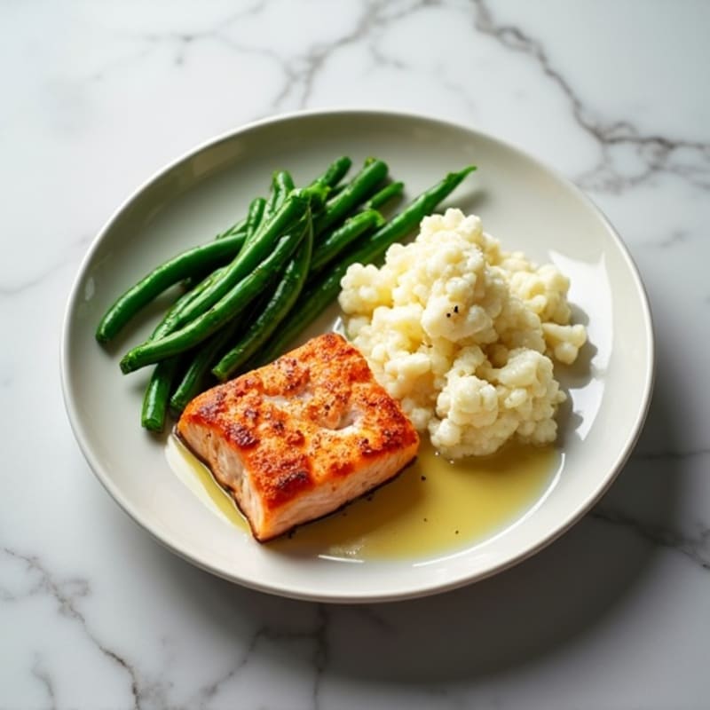 Seared Salmon Filet with Steamed Green Beans and Garlic Mashed Cauliflower