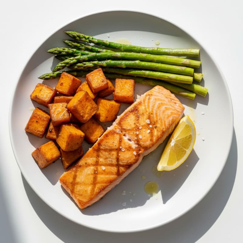 Seared Salmon with Roasted Sweet Potatoes and Asparagus