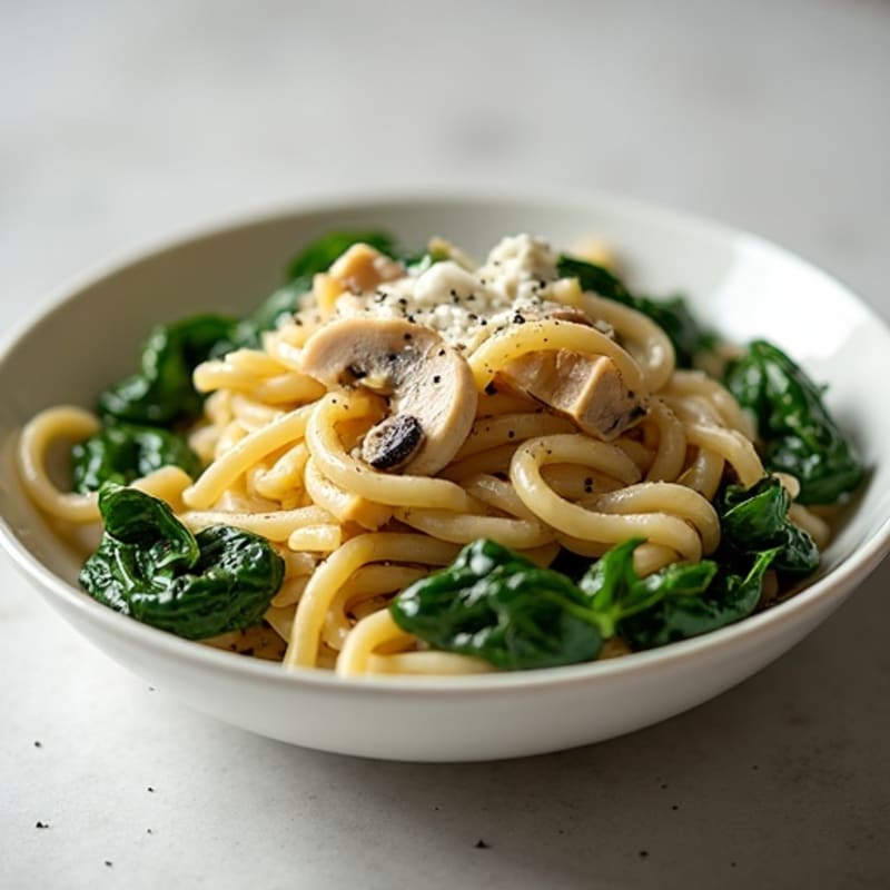 Creamy Garlic Mushroom Truffle Pasta with Wilted Spinach