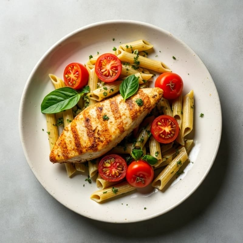 Pan-Seared Chicken and Whole Wheat Pasta with Pesto and Roasted Cherry Tomatoes