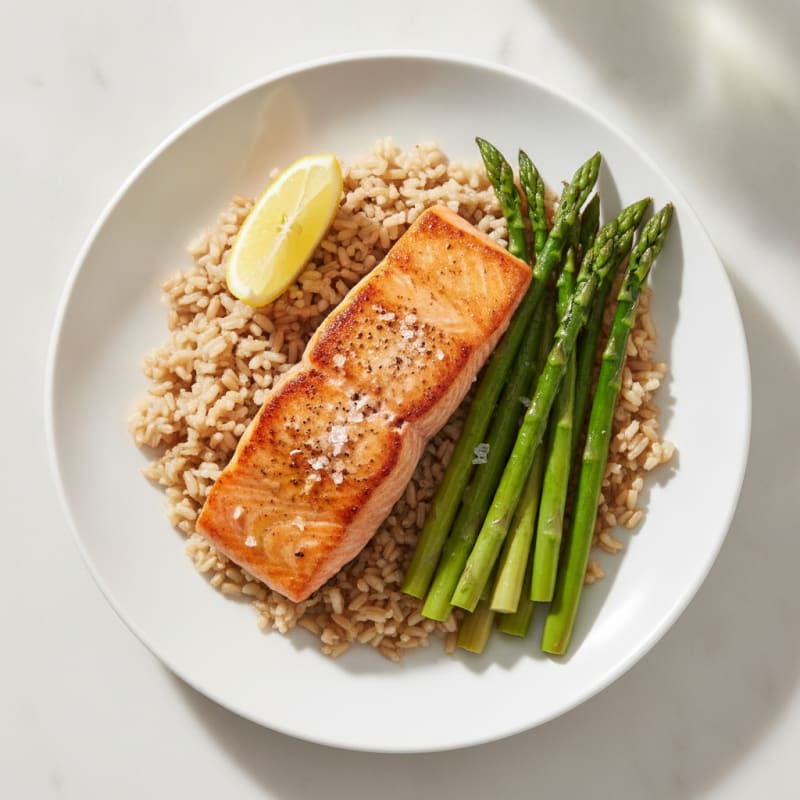 Seared Salmon with Steamed Asparagus and Brown Rice