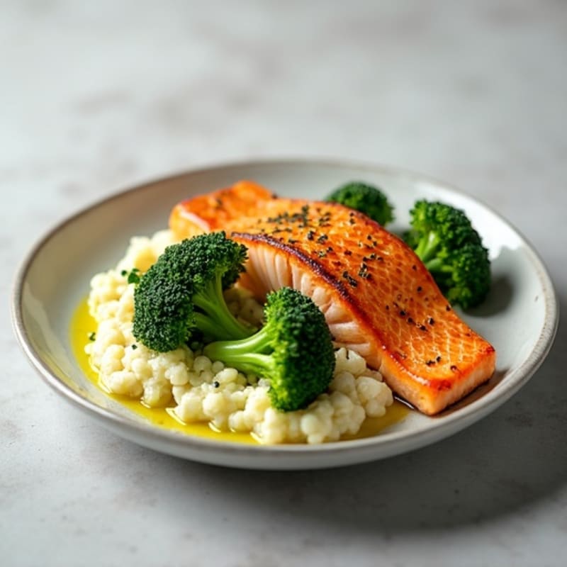 Seared Salmon with Steamed Broccoli and Garlic Cauliflower Mash