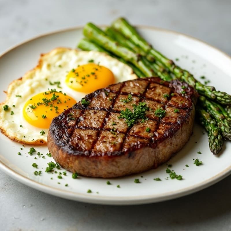 Garlic Herb Pan-Seared Steak with Creamy Scrambled Eggs and Roasted Asparagus