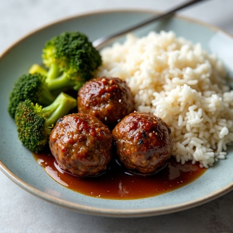 Beef Teriyaki Meatballs with Roasted Broccoli and Fluffy Steamed Rice