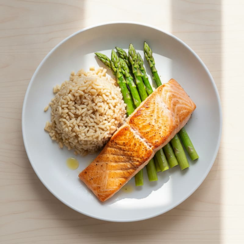 Seared Salmon Fillet with Steamed Asparagus and Brown Rice